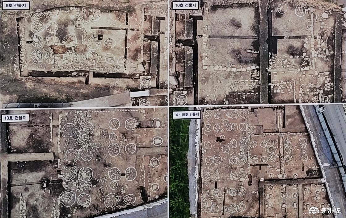 왕실사찰 천안 천흥사지 3차 발굴조사 건물지 상단 왼쪽부터 시계방향 9호, 10호, 14,15호, 13호 건물지.