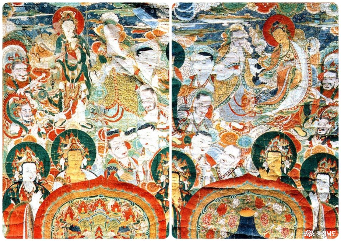 갑사 삼신불 괘불탱의 관음보살(왼쪽)과 대세지보살.
