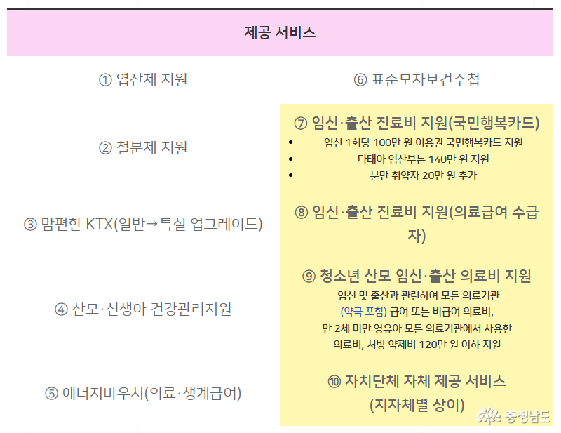 엽산제 지원 철분제 지원 맘편한 ktx 일반> 특실 업그레이드), 산모 신생아 건강관리 지원, 에너지바우처, 표준모자보건수첩, 임신 출산 진료비 지원(국민행복카드), 임신 출산 진료비 지원(의료급여 수급자), 청소년 산모 임신, 출산 의료비 지원, 자치단체 자체 제공 서비스(지자체별 상이)