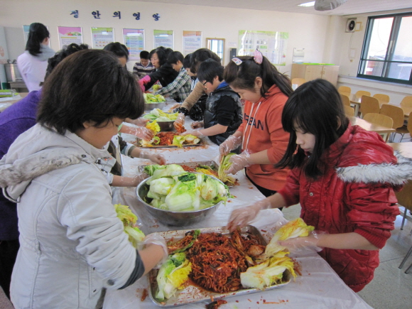 15일 공주 정안초등학교(교장 이덕하)에서 열린 학교 식생활교육 김장체험.