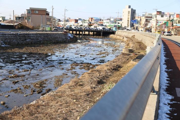 예산문화원 앞 도로변의 깨끗이 정비된 모습과 예산천