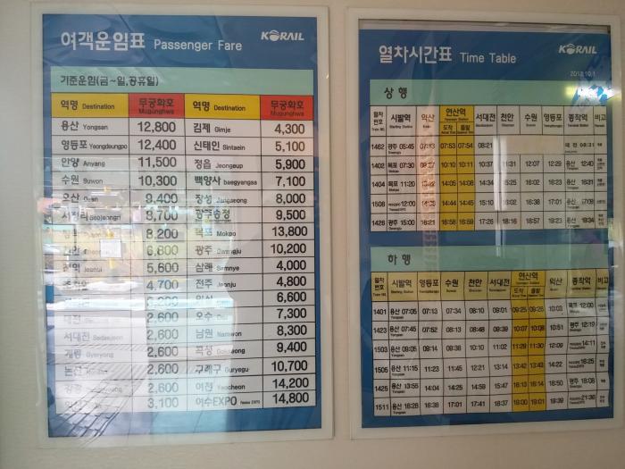 연산역 열차 시간표와 여객 운임표