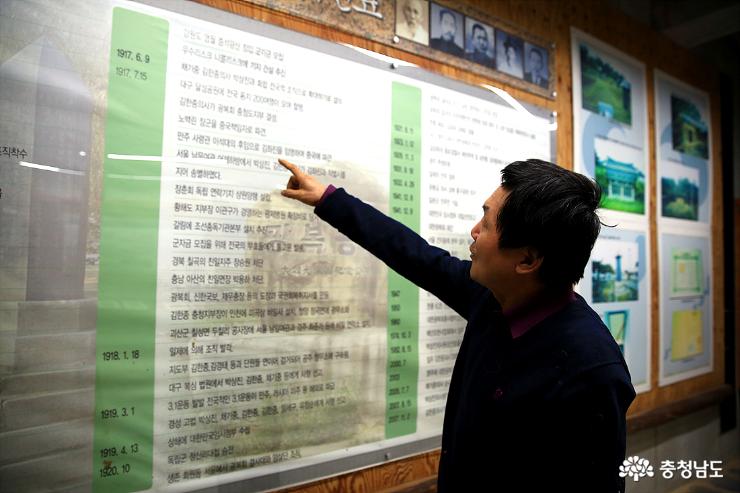 김한종 의사의 장손인 김경식 선생이 기념관에서 김한종의사의 항일투쟁사를 설명해 주고 있다.