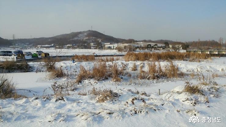 눈 내린 마정저수지의 겨울 풍경 사진