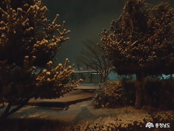눈 오는 밤의 웅진동 시민운동장 부근의 풍경