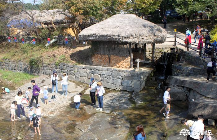  20일 2019 아산외암리민속마을 짚풀문화제가 열리고 있는 마을 앞의 냇가에서 축제를 찾은 관광객들이 다슬기 잡이에 한창이다.