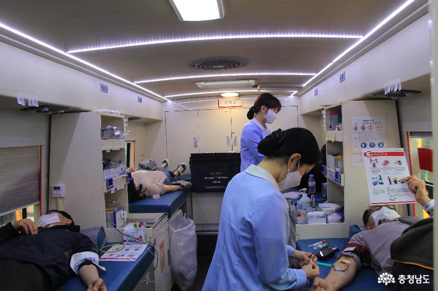 태안교육지원청 교직원들이 코로나19 혈액 사랑의 헌혈운동에 동참하고 있다.