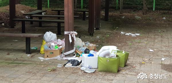 당진시 대덕공원 대아산업 채석장 인근 공원에 불법으로 버려진 쓰레기가 한달 넘게 방치되고 있다.-시민제공  