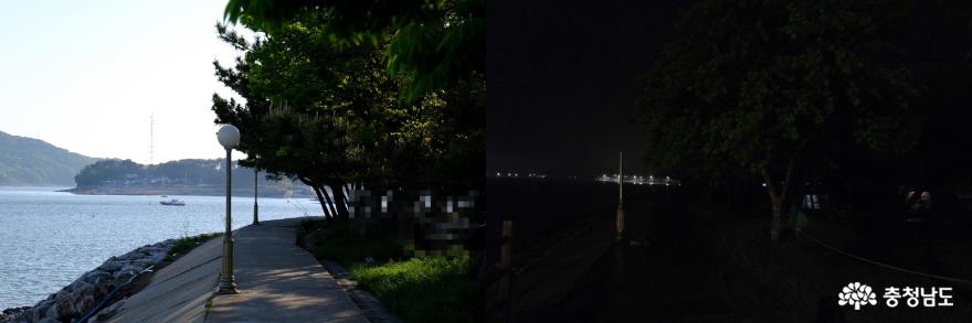 사진 왼쪽부터 ▲도비도 관광지 해안 주변에 설치된 조명시설의 모습과 ▲밤에 촬영한 모습. 밤에 조명시설은 작동하지 않았고, 바다 반대편 불빛과 캠핑객의 텐트안 조명만이 희미하게 보인다.
