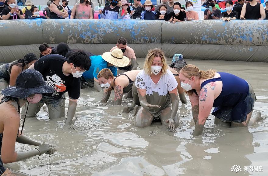 保寧海洋マッド博覧会で「マッドプレー」の参加者がマッドプールから碁石を探している。
