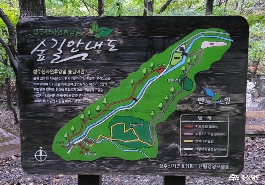 성주산 자연휴양림 숲속 산책로 이정표.