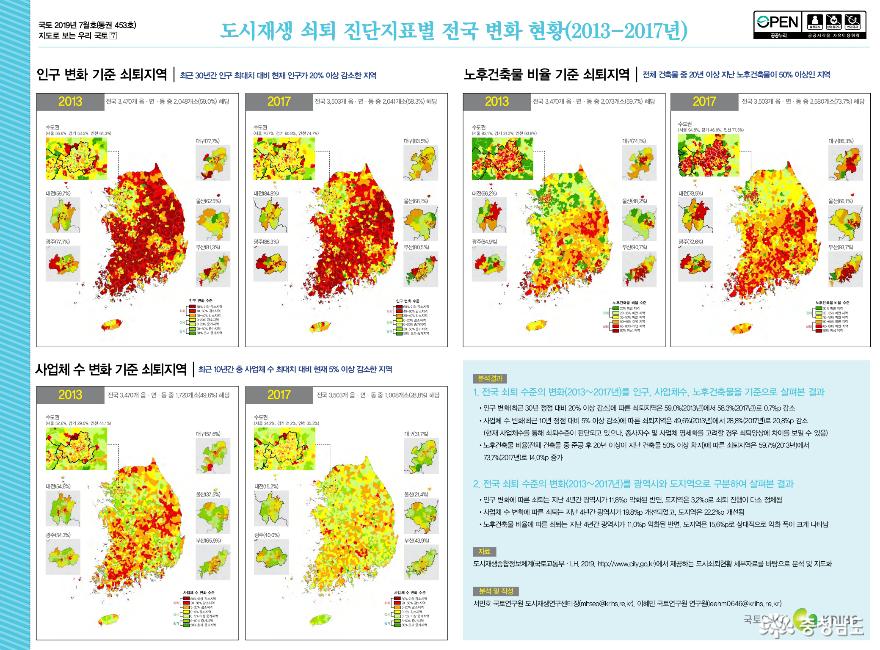 자료 : 국토연구원 국도지도 정보 : 2013-2017 도시재생 쇠퇴 지단지표별 전국 변화 현황