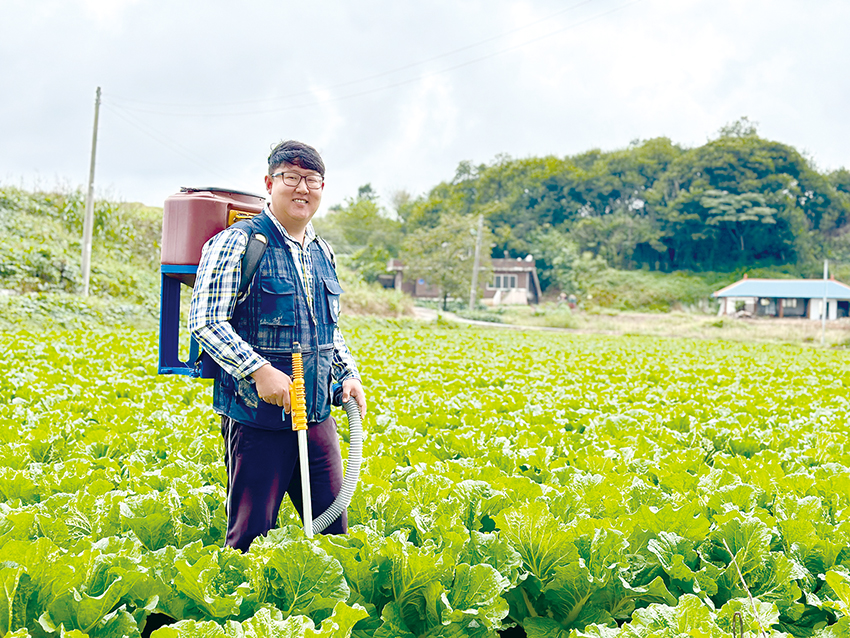 '주식회사 한맛'의 김요환(33) 대표가 보령시 천북면에 위치한 배추밭에서 영양제를 살포하고 있다.