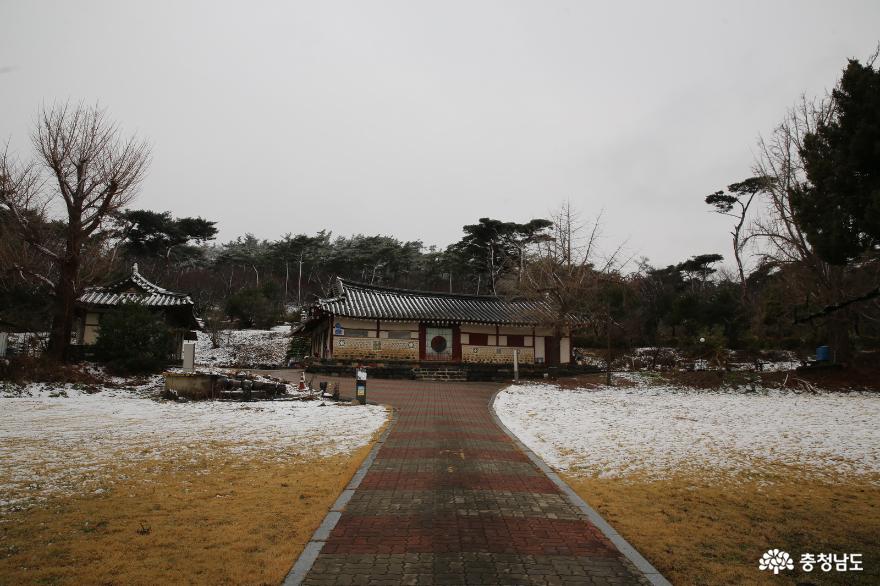 하얀색으로 채색된 서산 송곡서원(瑞山 松谷書院)과 향나무 두 그루 사진