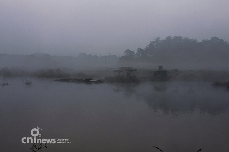 물안개 자욱한 마정저수지의 아침풍경 사진