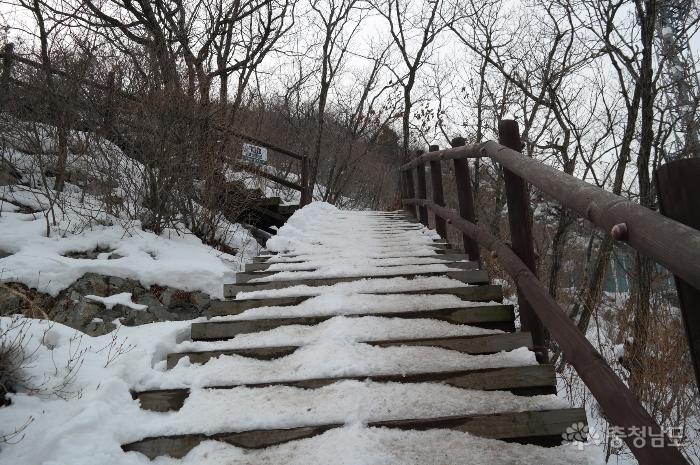 눈과 얼음이 쌓여 있는 나무 계단