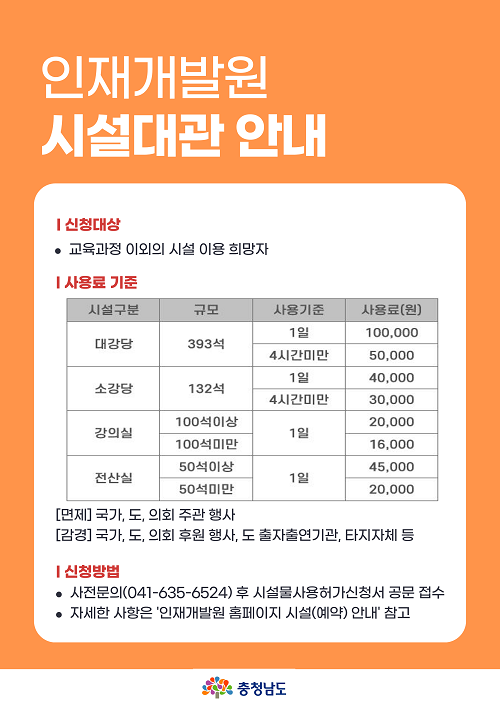 인재개발원 시설대관 안내 | 신청대상 교육과정 이외의 시설 이용 희망자 | 신청방법 사전문의(041-635-6524) 후 시설물사용허가신청서 공문 접수 | 자세한 사항은 인재개발원 홈페이지 시설(예약) 안내 참고