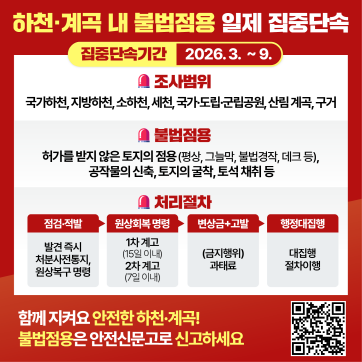 하천계곡 내 불법점용 일제 집중단속|집중단속기간:2026.3~26.9|조사범위|국가하천,지방하천,소하천,세천,국가도립군립공원,산림계곡,구거|불법점용|허가를 받지 않은 토지의 점용(평상,그늘막,불법경작,테크등),공작물의신축,토지의굴착,토석채취등|처리절차|점검적발|발견즉시처분사전통지,원상복구명령|원상회복명령|1차계고(15일이내)|2차계고(7일이내)|변상금+고발|(금지행위)과태료|행정대집행|대집행절차이행|함께지켜요 안전한 하천계곡|불법점용은 안전신문고로 신고하세요