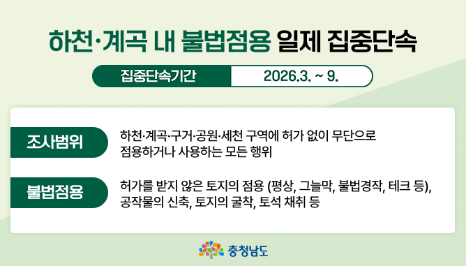 하천 계곡 내 불법점용 일제 집중단속 안내 집중단속기간 2026.3. ~ 9. | 조사범위 하천 계곡 구거 공원 세천 구역에 허가 없이 무단으로 점용하거나 사용하는 모든 행위 | 불범점용 허가를 받지 않은 토지의 점용 (평상, 그늘막, 불법경작, 데크 등), 공작물의 신축, 토지의 굴착, 토석 채취 등