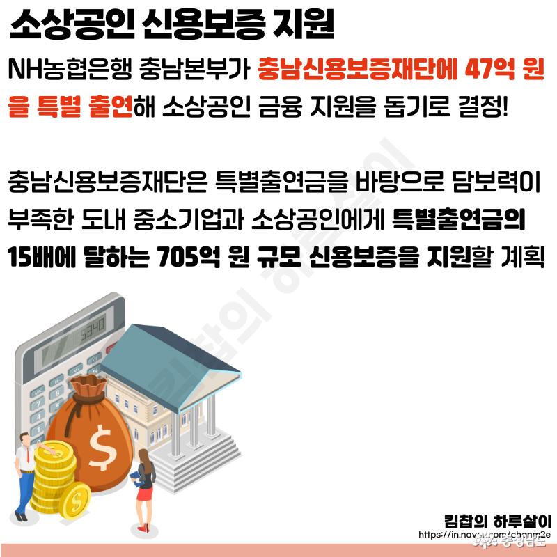 NH농협은행 충남본부가 충남신용보증재단에 47억 원을 특별 출연해 소상공인 금융 지원을 돕기로 결정! 충남신용보증재단은 특별출연금을 바탕으로 담보력이 부족한 도내 중소기업과 소상공인에게 특별출연금의 15배에 달하는 705억 원 규모 신용보증을 지원할 계획