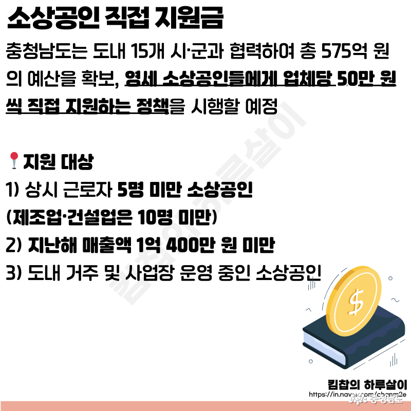 충청남도는 도내 15개 시·군과 협력하여 총 575억 원의 예산을 확보, 영세 소상공인들에게 업체당 50만 원씩 직접 지원하는 정책을 시행할 예정 📍지원 대상 1) 상시 근로자 5명 미만 소상공인 (제조업·건설업은 10명 미만) 2) 지난해 매출액 1억 400만 원 미만 3) 도내 거주 및 사업장 운영 중인 소상공인