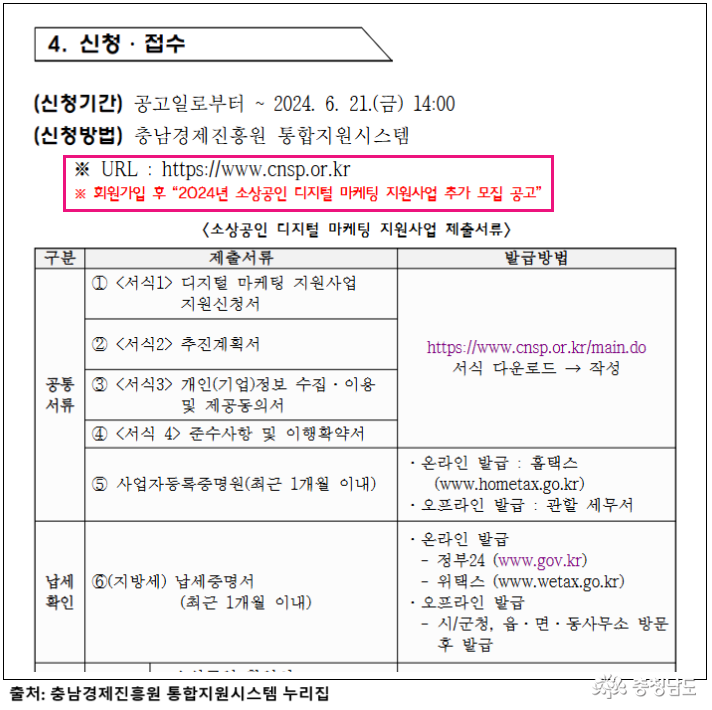 신청, 접수방법 예시 - 충남경제진흥원 통합지원시스템 누리집 회원가입 후 모집공고 통해 신청