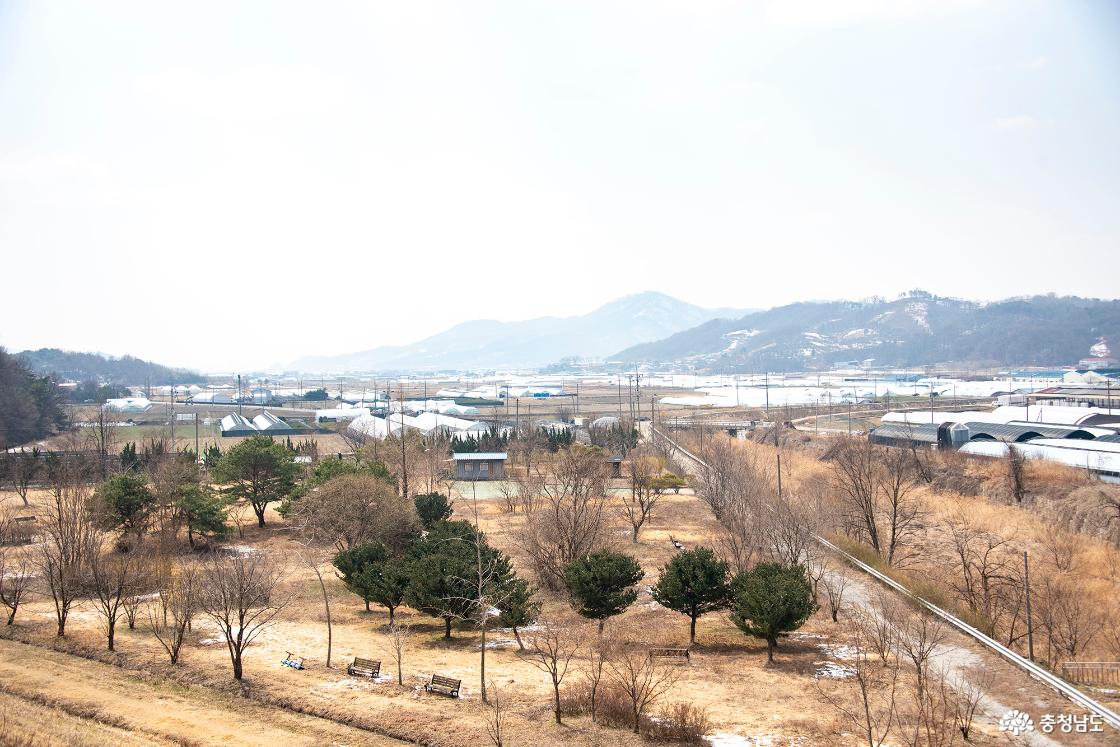 저수지 둑 아래에 있는 공원과 계룡면 들판의 모습