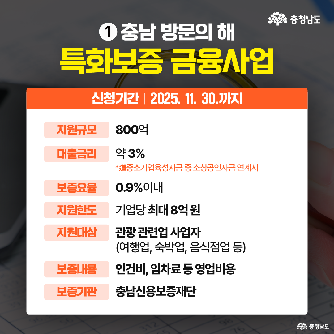 충남 방문의 해를 맞아 시행되는 특화보증 금융사업의 지원 정보를 담고 있다. 지원 규모 800억 원, 대출 금리 약 3%, 기업당 최대 8억 원 지원 등의 내용이 정리되어 있다. 관광 관련 사업자(여행업, 숙박업, 음식점업 등)를 대상으로 한 보증제도이다.