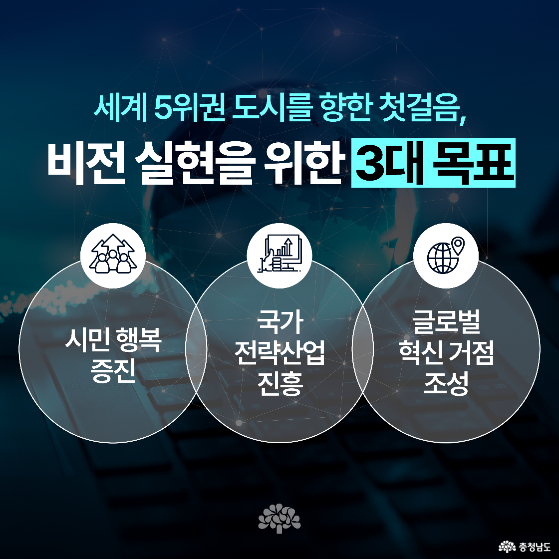 높은 빌딩을 배경으로 ‘기대효과는?’이라는 제목과 함께 네 가지 효과가 나열되어 있습니다. 내용은 인구 감소 대응, 경쟁력 강화, 의료·복지 확대, 도심 연결성 강화를 포함합니다. 숫자 아이콘으로 항목을 구분하고 있어 가독성이 좋습니다.