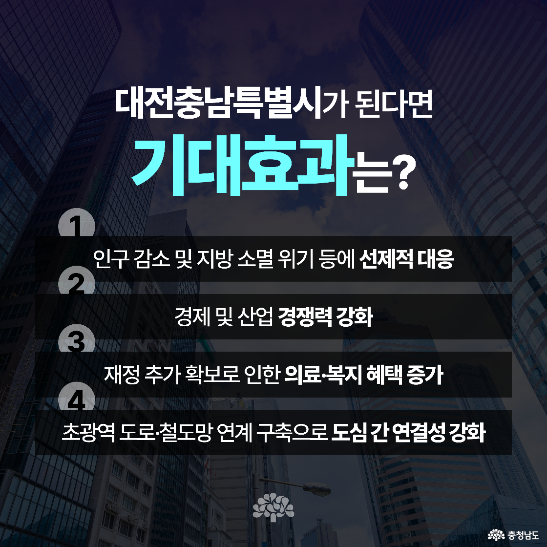 저녁 도심 전경 위에 귀여운 두 마리 캐릭터가 서 있고, “대전충남특별시의 세계 5위권 도시를 향한 첫걸음”이라는 문구가 강조되어 있습니다. 시민의 응원을 요청하는 따뜻한 메시지가 담겨 있습니다. 충청남도 로고가 하단에 배치되어 있습니다.