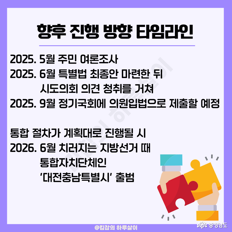 2025년 5월에는 주민 여론조사, 6월까지 특별법 최종안을 마련하고, 9월 정기국회에 의원입법으로 제출할 계획이라고 한다. 만일 모든 절차가 순조롭게 진행된다면, 2026년 6월에 치러지는 지방선거 때 통합 자치단체인 '대전충남특별시'가 공식 출범