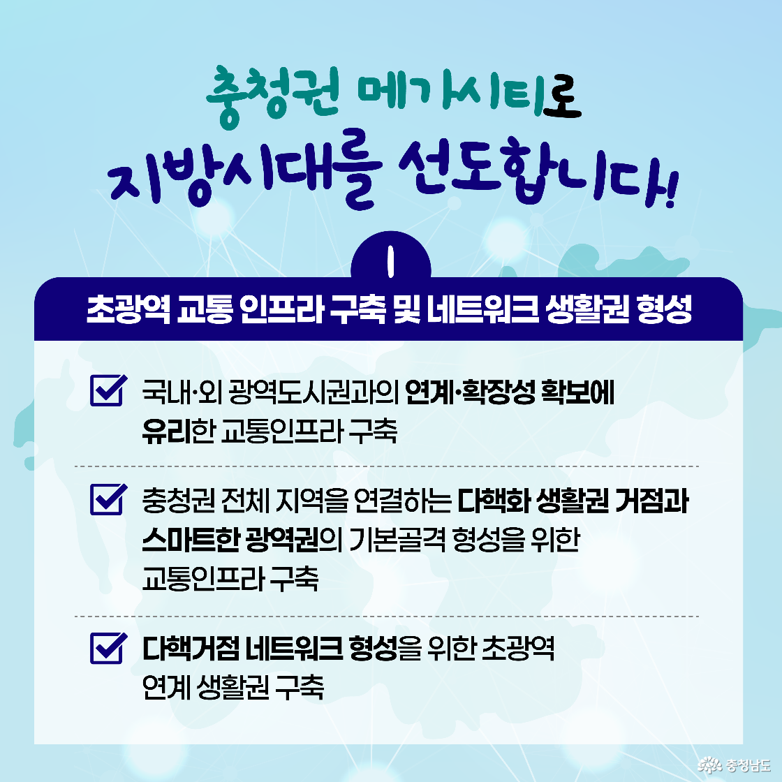 ‘충청권 메가시티로 지방시대를 선도합니다!’라는 제목 아래 교통 인프라 확충 내용을 중심으로 구성된 안내 이미지입니다. 세 가지 핵심 전략으로는 광역도시 연계, 다핵화 기반 구축, 네트워크 생활권 구성이 소개됩니다. 체크리스트 형식으로 정돈된 레이아웃이 특징입니다.