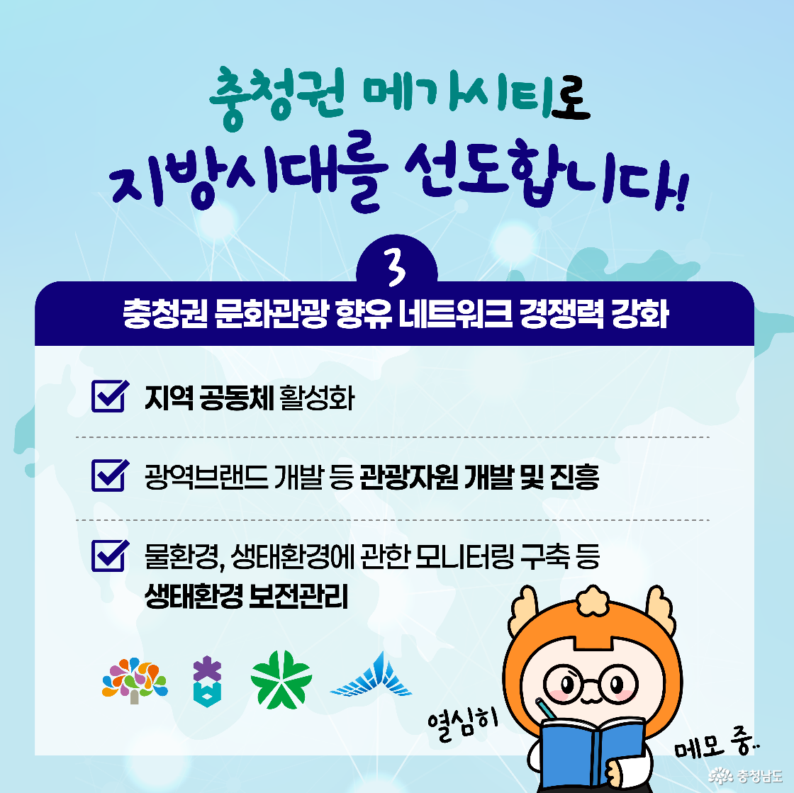 충청권 문화관광 향유 네트워크 경쟁력 강화를 주제로 한 이미지입니다. 지역 공동체 활성화, 관광자원 개발, 생태환경 보전이 주요 전략으로 소개됩니다. 오른쪽 하단에는 메모하는 주황 캐릭터가 귀엽게 묘사되어 있습니다.