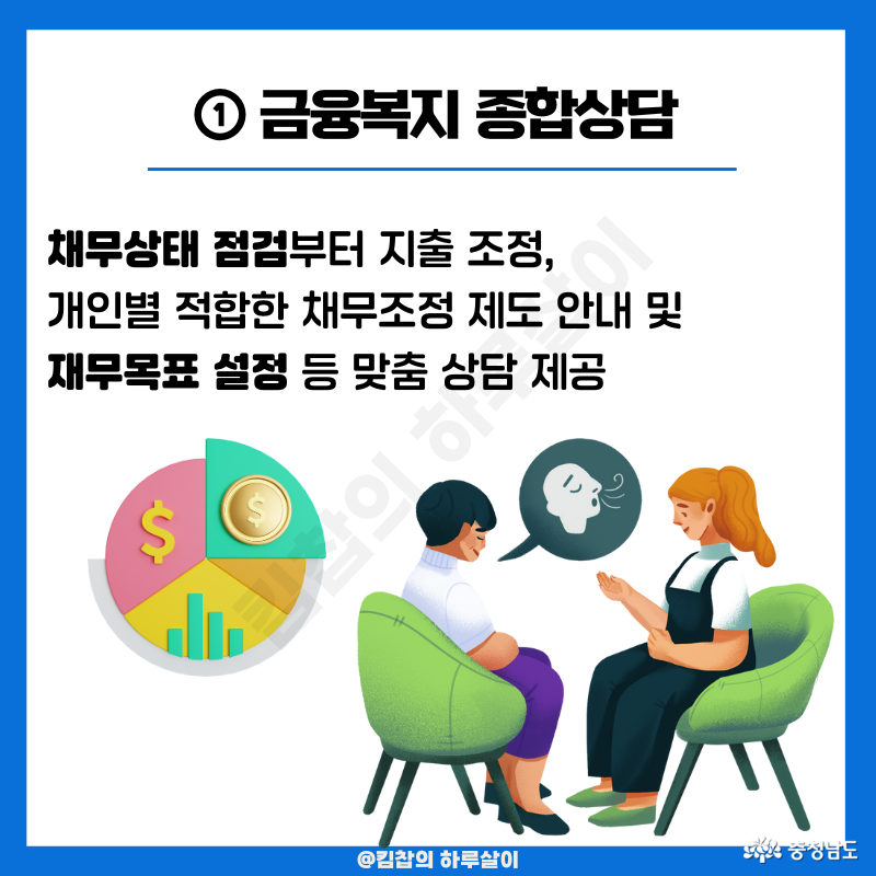 채무상태 점검부터 지출 조정, 개인별 적합한 채무조정 제도 안내 및 재무목표 설정까지 함께하는 맞춤 상담 제공