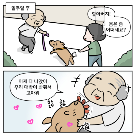 할아버지 몸은 좀 어떠세요? 이제 다 나았어. 우리 대박이 봐줘서 고마워