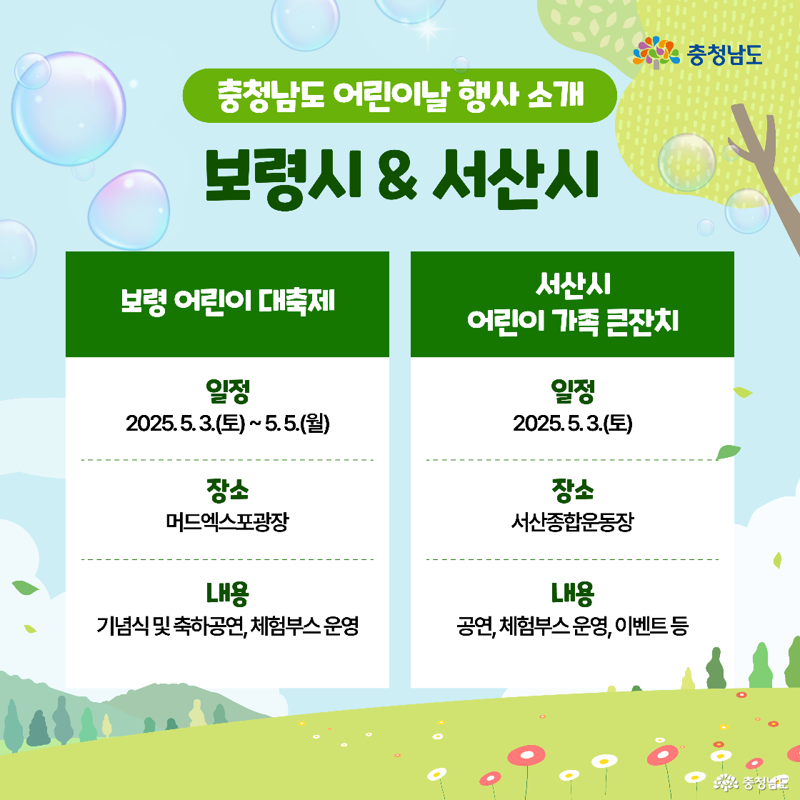 보령시와 서산시의 어린이날 행사를 소개한 이미지이다. 보령은 머드엑스포광장에서, 서산은 종합운동장에서 공연과 체험 이벤트가 열린다. 축제는 5월 3일부터 5일까지 다양하게 진행된다.