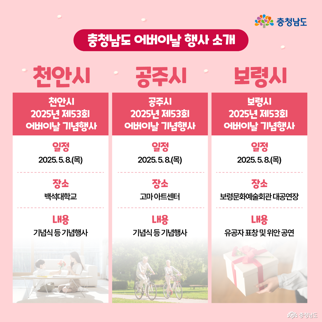 천안, 공주, 보령에서 열리는 2025년 제53회 어버이날 기념행사 일정이 표 형식으로 정리되어 있다. 각 도시마다 행사 날짜는 5월 8일이며, 장소와 행사 내용이 구체적으로 안내되어 있다. 분홍 배경에 충청남도 로고가 상단에 위치해 있다.