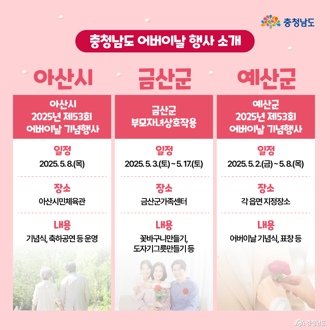 아산시, 금산군, 예산군의 어버이날 관련 행사 정보가 나열되어 있다. 날짜, 장소, 행사 내용이 각각 칸으로 나뉘어 있어 보기 쉽게 정리되었다. 배경에는 어버이날을 연상시키는 가족 이미지가 흐리게 삽입되어 있다.