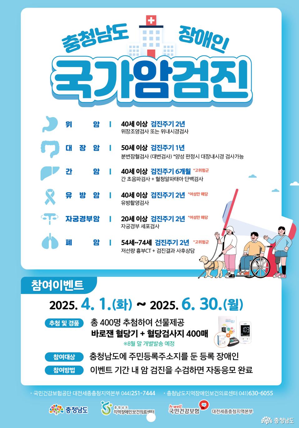 충남 장애인 국가 암검진 이벤트를 2025년 4월 1일부터 6월 30일까지 진행한다. 충남에 주소를 둔 등록 장애인이 이벤트 기간 내에 암 검진을 수강하면 자동 응모 된다. 총 400명을 추첨하여 바로잰 혈당기와 혈당검사지를 제공한다. 