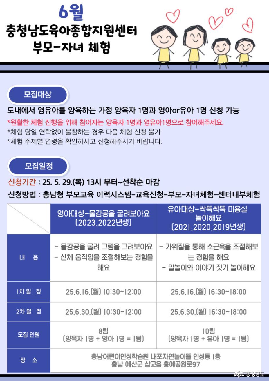 행사 포스터로, 영아 대상 ‘물감공을 굴려보아요’는 6월 16일 13시 30분부터 12시까지, 6월 30일 동시간에 8팀이 진행된다. 유아 대상 ’싹뚝싹뚝 미용실 놀이해요‘는 6월 16일 16시 30분부터 18시까지, 6월 30일 동시간에 10팀이 진행된다. 5월 29일 13시부터 신청할 수 있다.