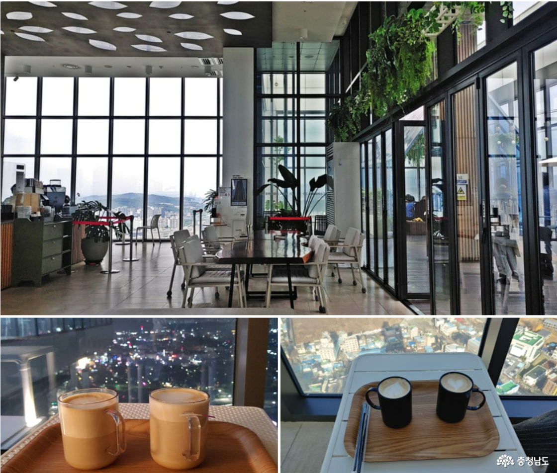 천안타운홀 카페와 따뜻한 카페라테 와 바닐라 라테 (각 3천 원/ 한 잔)