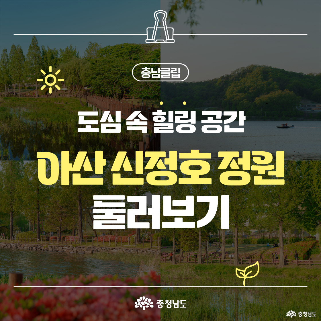 초록빛 나무와 잔잔한 호수를 배경으로 ‘도심 속 힐링 공간’이라는 문구가 강조된 홍보 이미지입니다. 산책로와 꽃이 어우러진 풍경 속에 햇살 이모티콘이 함께 배치되어 있습니다. ‘충남클립’ 로고와 충청남도 마크가 상단에 있습니다.