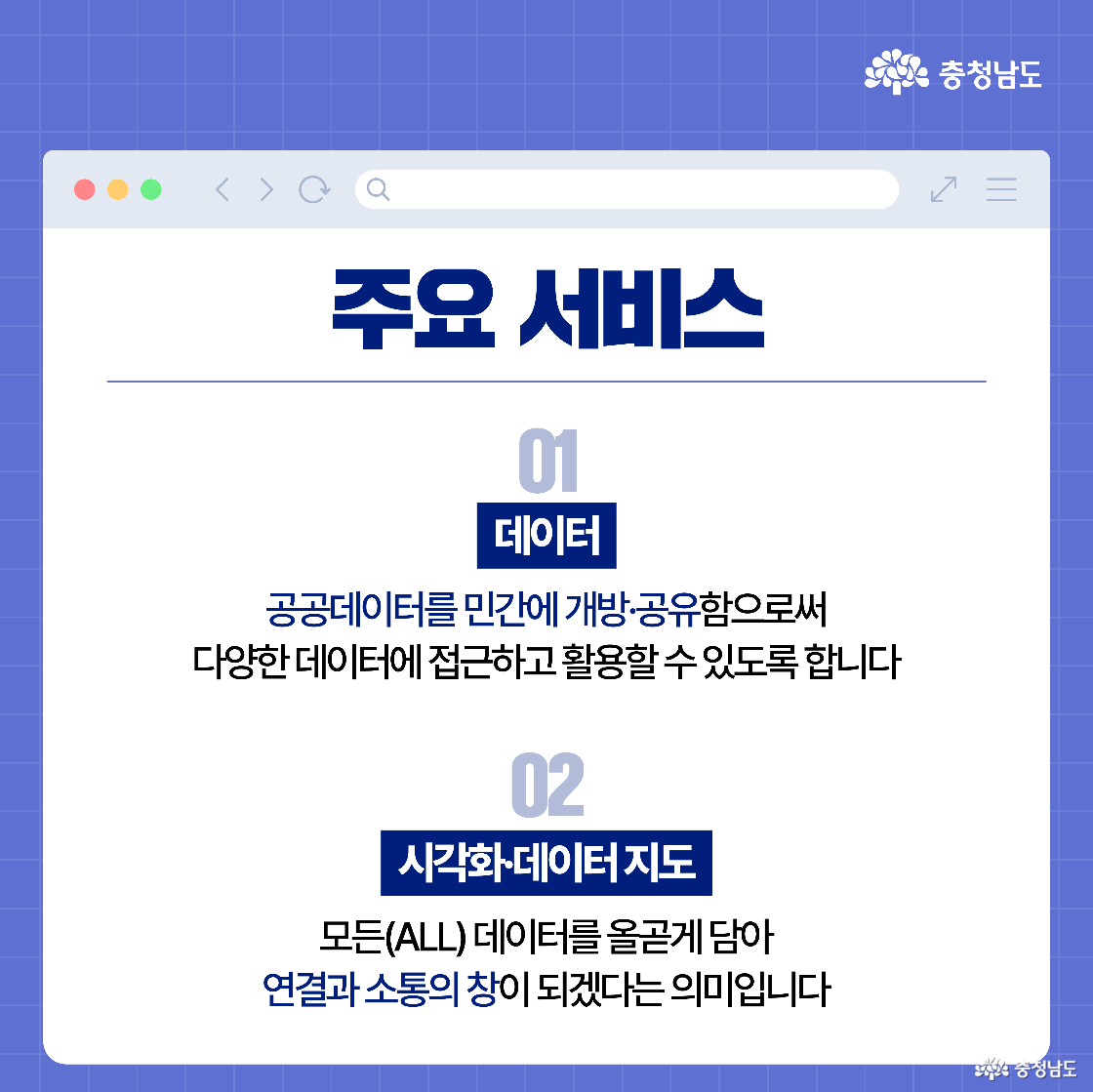 주요 서비스 소개 이미지로, 흰색 배경 위에 파란색 제목 '주요 서비스'와 함께 ‘데이터’와 ‘시각화데이터 지도’의 항목이 각각 번호와 함께 나열되어 있습니다. 데이터 개방과 공유, 시각화를 통해 연결과 소통의 창 역할을 한다는 설명이 포함되어 있습니다.