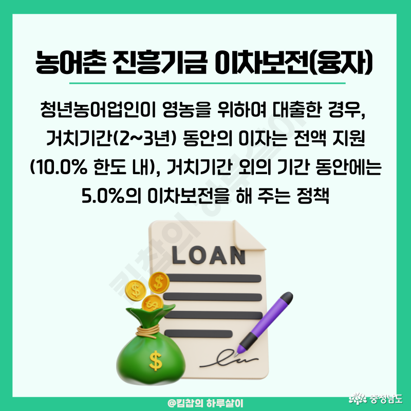 청년농어업인이 영농을 위하여 대출한 경우, 거치기간(2~3년) 동안의 이자는 전액 지원(10% 한도 내), 거치기간 외의 기간 동안에는 5.0%의 이차보전을 해주는 정책