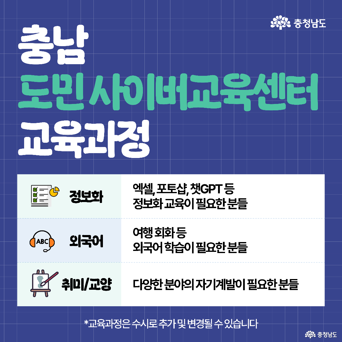 ‘충남 도민 사이버교육센터 교육과정’ 안내 이미지로, 엑셀과 포토샵 등 정보화 교육, 여행 회화 중심 외국어 교육, 다양한 취미·교양 강좌가 아이콘과 함께 구분되어 나열돼 있다.