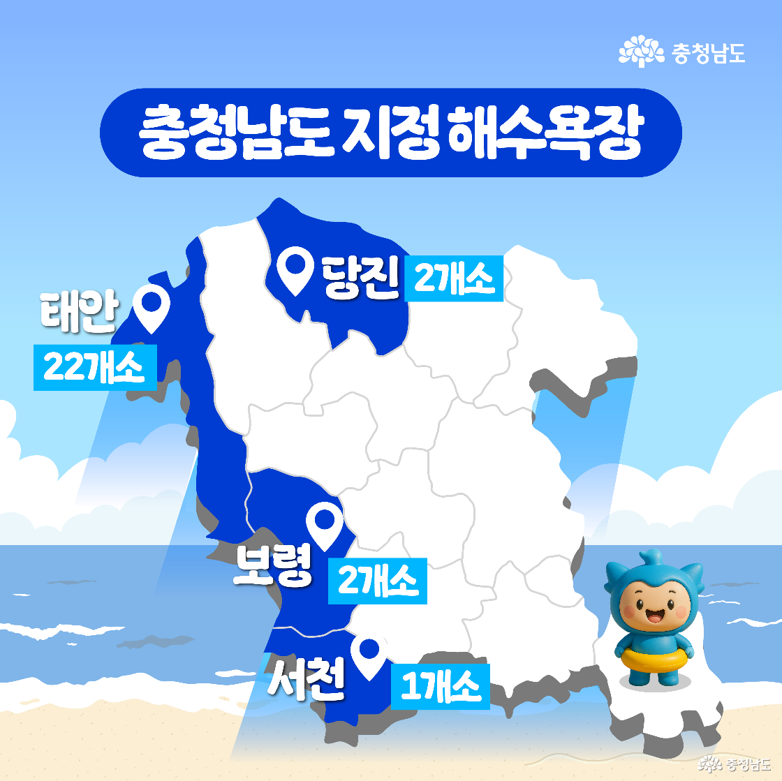 충청남도 지도 위에 태안(22개소), 당진(2개소), 보령(2개소), 서천(1개소) 등 해수욕장 분포가 표시되어 있다. 각 시군 위치에 파란 색상의 마커와 개수 정보가 적혀 있어 한눈에 파악 가능하다.