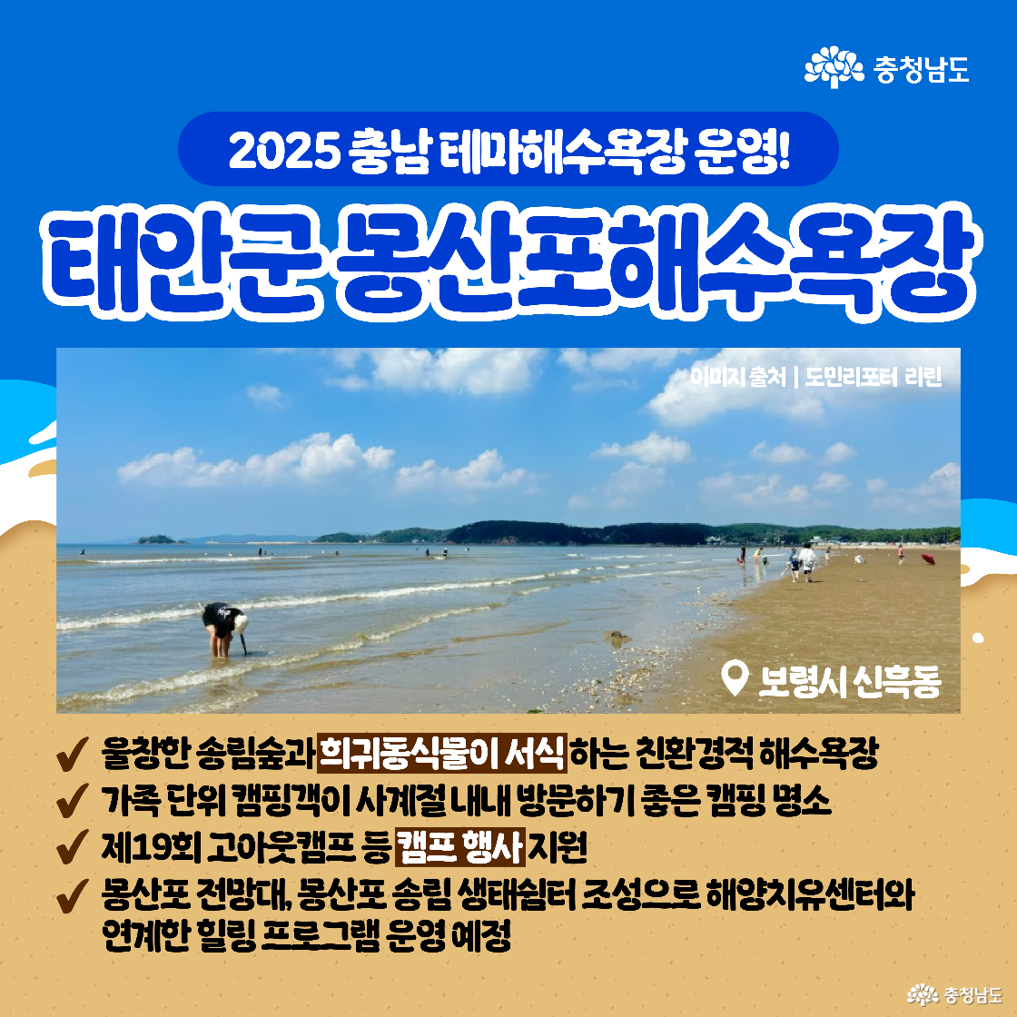 태안군 몽산포해수욕장은 송림숲과 희귀식물이 서식하는 친환경 캠핑 해변으로 소개되며, 고아웃캠프 등 캠핑 행사와 생태힐링 프로그램 운영이 안내된다. 아이가 해변에서 놀고 있는 평화로운 풍경이 실사진으로 담겨 있다.