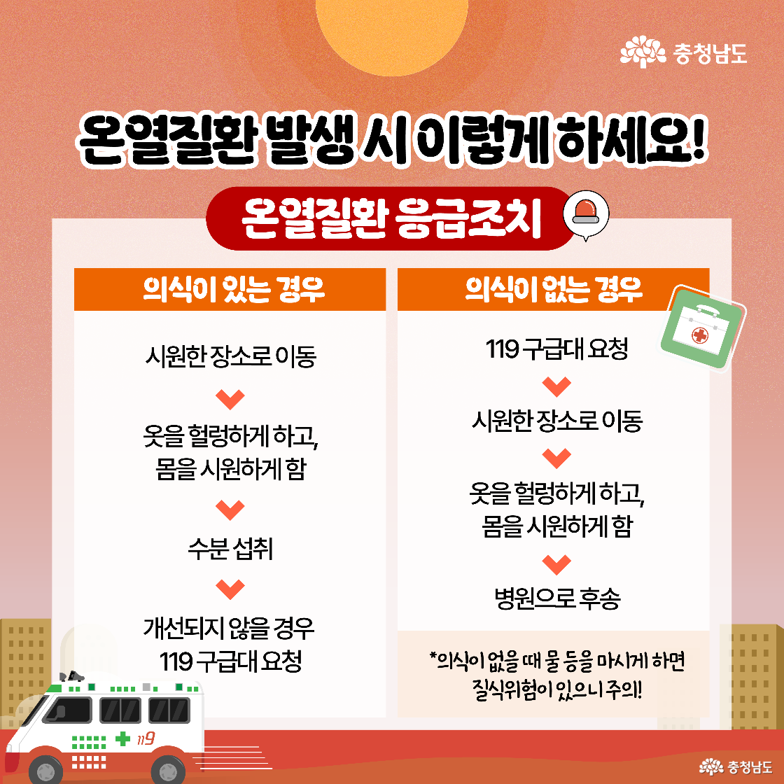 온열질환 발생 시 응급조치 방법으로 의식이 있는 경우와 없는 경우로 나뉘어 있으며, 각각 이동, 옷 벗기기, 수분 섭취, 병원 후송 등의 대응 절차가 단계별로 화살표와 함께 설명되어 있습니다.  [폭염 대응_8]