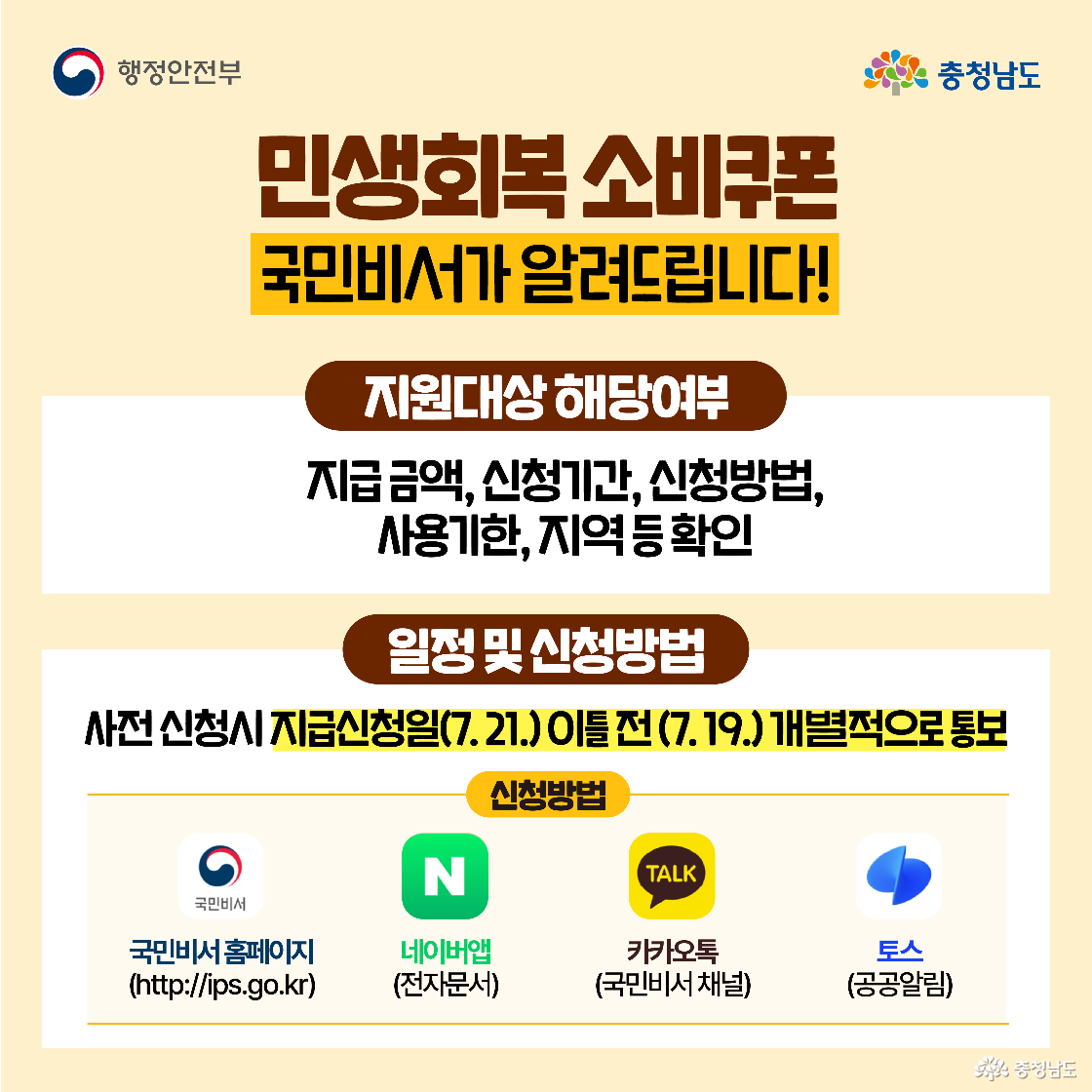 민생회복 소비쿠폰 신청 주체와 신청 방법을 안내하는 이미지로, 전 국민이 개인별로 신청·지급받으며, 미성년자의 경우 세대주가 대리 신청할 수 있다는 내용이 담겨 있습니다. 신청 방법은 온라인, 오프라인, 방문 신청으로 나뉘며, 각 방식에 따른 설명이 아이콘과 함께 제공됩니다.