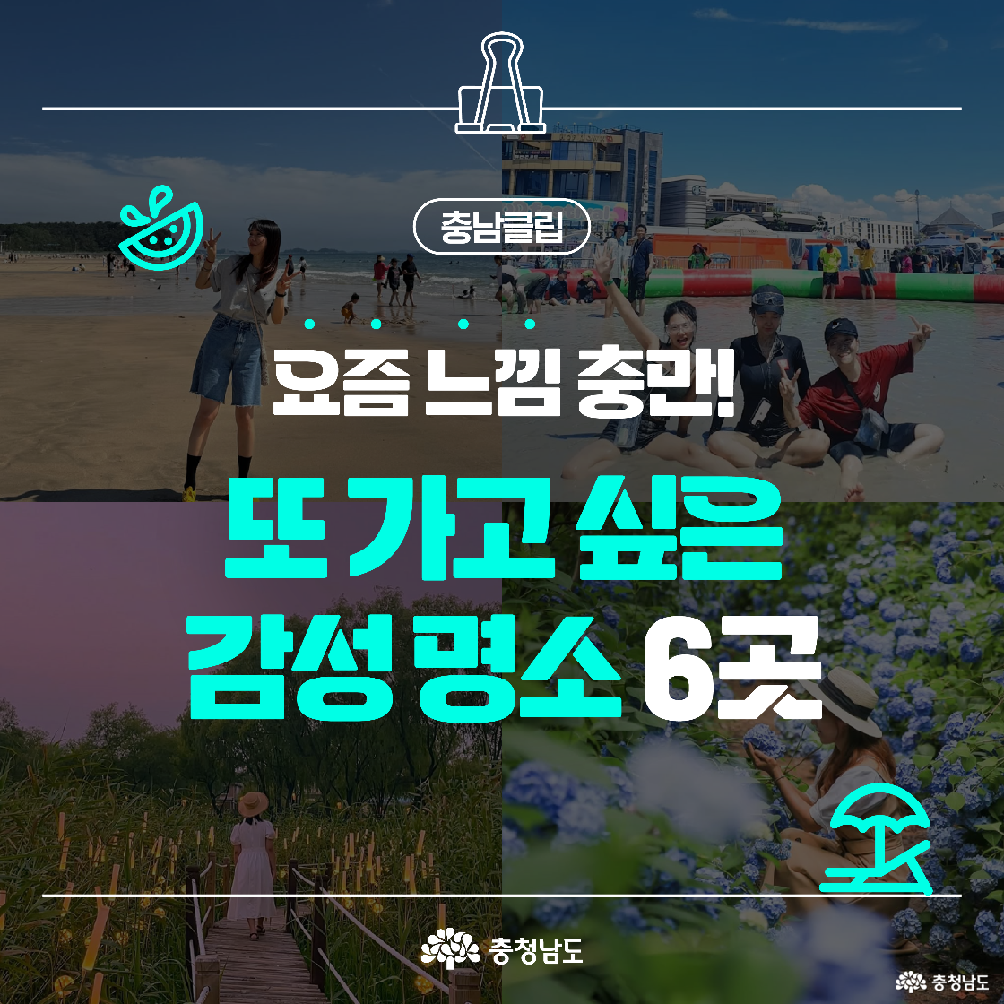 충청남도의 감성 명소 6곳을 소개하는 홍보 이미지입니다. 해수욕장, 축제, 정원, 미술관, 숲길 등 다양한 장소의 사진이 콜라주 형태로 배치되어 있습니다. ‘요즘 느낌 충만! 또 가고 싶은 감성 명소 6곳’이라는 문구가 큼직하게 강조되어 있습니다.